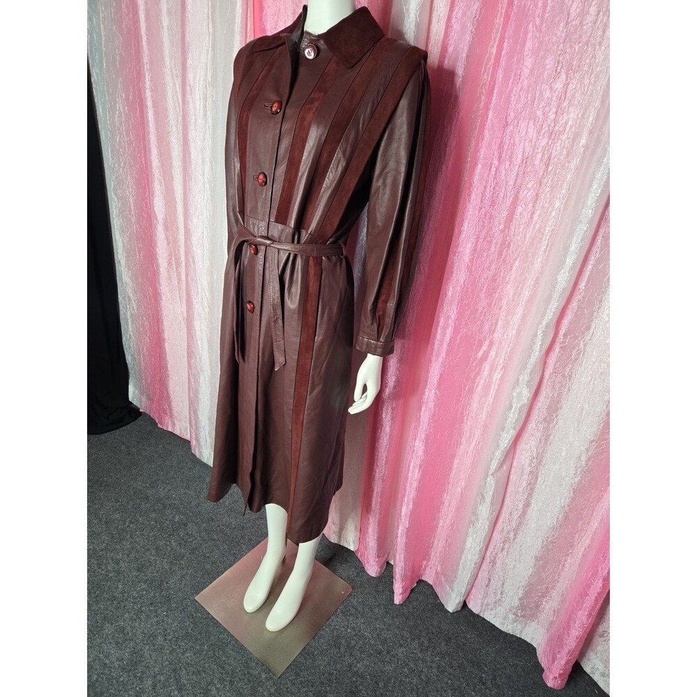 Y2K Exquisite Brick Red Soft Leather Suede Retro Trench Coat Size Medium 8 - Picture 7 of 16
